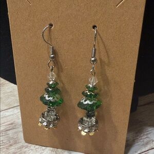 Elegant Christmas Tree Green and Silver Dangle Earrings